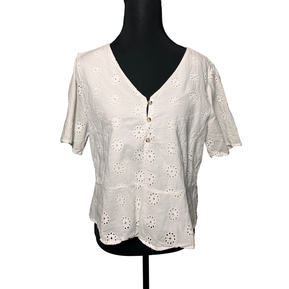 Urban Romantics White Eyelet Lace Peplum Blouse Cotton‎ Cottage Summer Women L